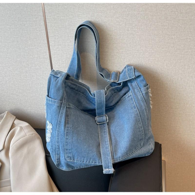 Large Capacity Denim Tote Bag Women Soft Structured Shoulder Crossbody Daily Commute Street Style