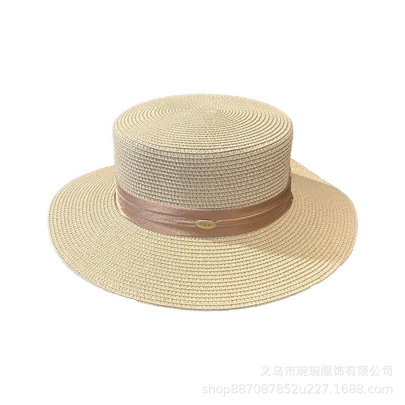 French Elegant Generous Flat Top Flat Brim Straw Hat Women's Spring and Summer Big Brim Sunshade Sun Protection Outdoor Travel Beach Sun Hat