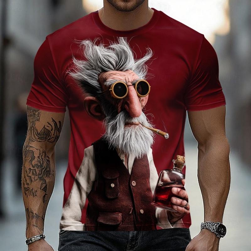3D Gedrucktes Vintage Alter Mann Grafik T-Shirt Für Männer Zigarette Wein Charakter Muster Tees Sommer Kurzarm Rundhals Oberteile