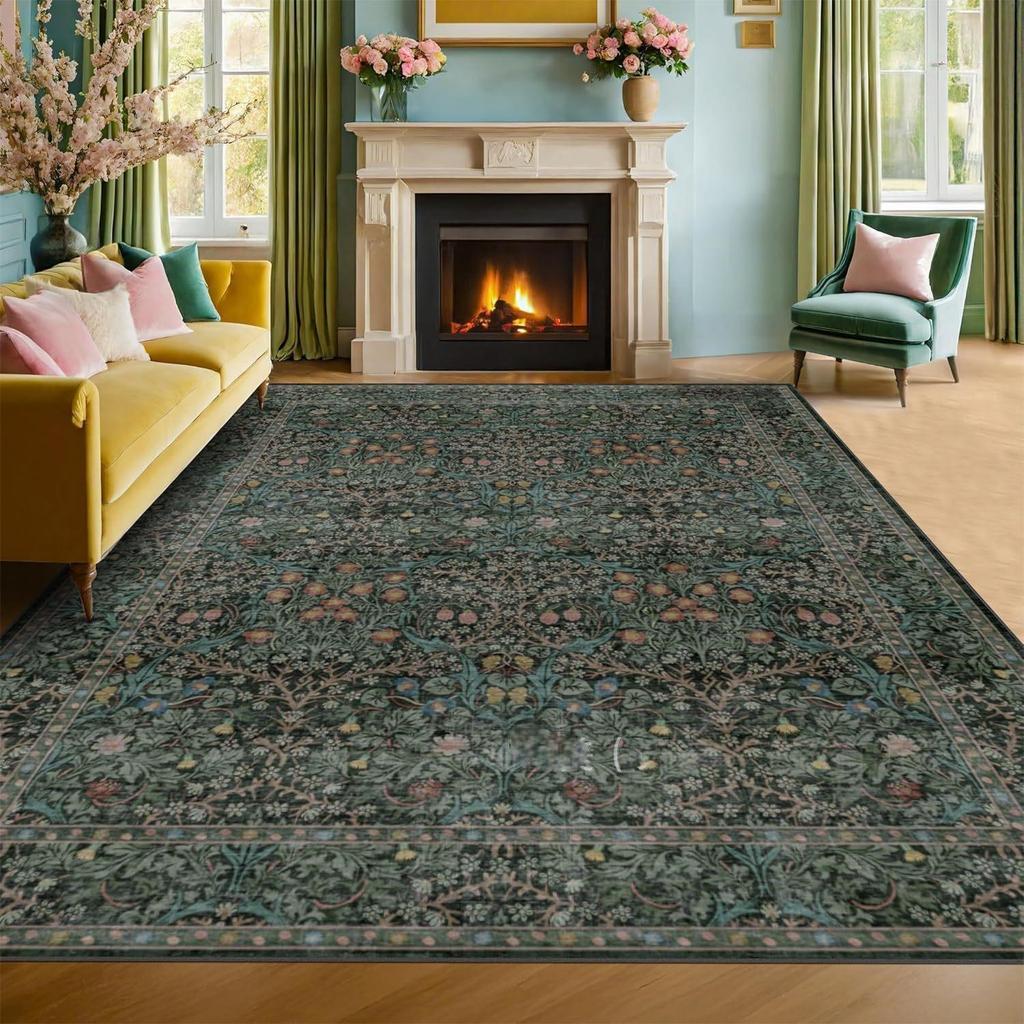 Vintage Modern Elegant Floral Vine Border Pattern Carpet Soft Decorative Mat Rug for Living Room Bedroom Home Decoration Rugs