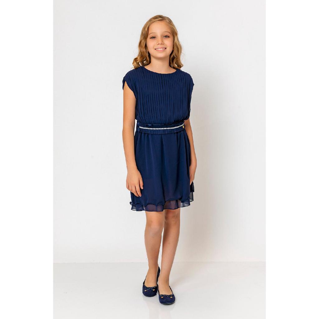 Girl's Round Neck Belted Pleated Dress