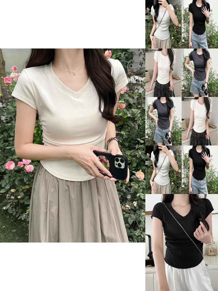 Cotton Short Sleeve T Shirt For Women With Pleated Design And Slim Fit For Casual Wear
