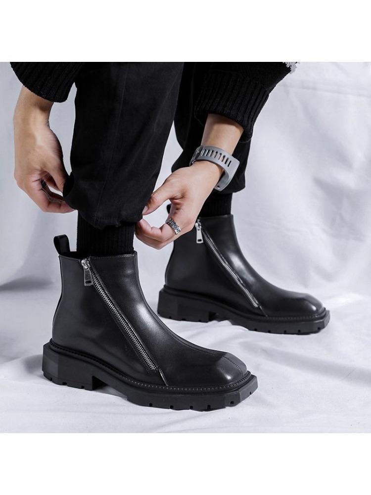 

2025 Men s Square Head High-top Leather Shoes British Style Black Medium Top Short Bilateral Zipper Chelsea Boots 39