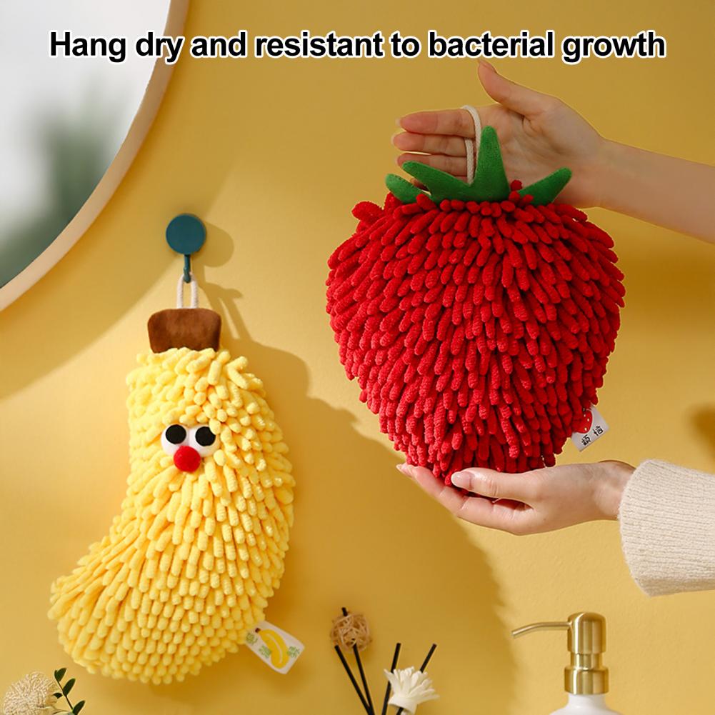 Cute Fruit Hand Towel Fuzzy Strawberry Banana Towel Absorbent Chenille Soft Puff Towel with Hanging Loop for Bathroom Kitchen