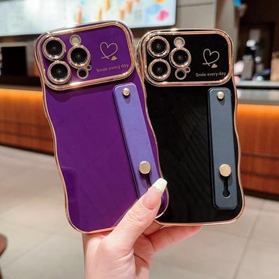 Simple Love Heart Pattern Glossy Case For iPhone 16 Plus 15 Pro 14 Pro Max 13 12 11 Soft Silicone Stand Holder Plating Shockproof Soft TPU Phone Cover