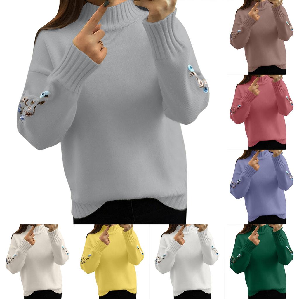 Women's Semi High Neck Long Sleeved Knitted Sweater Top, Loose Embroidered Sweater