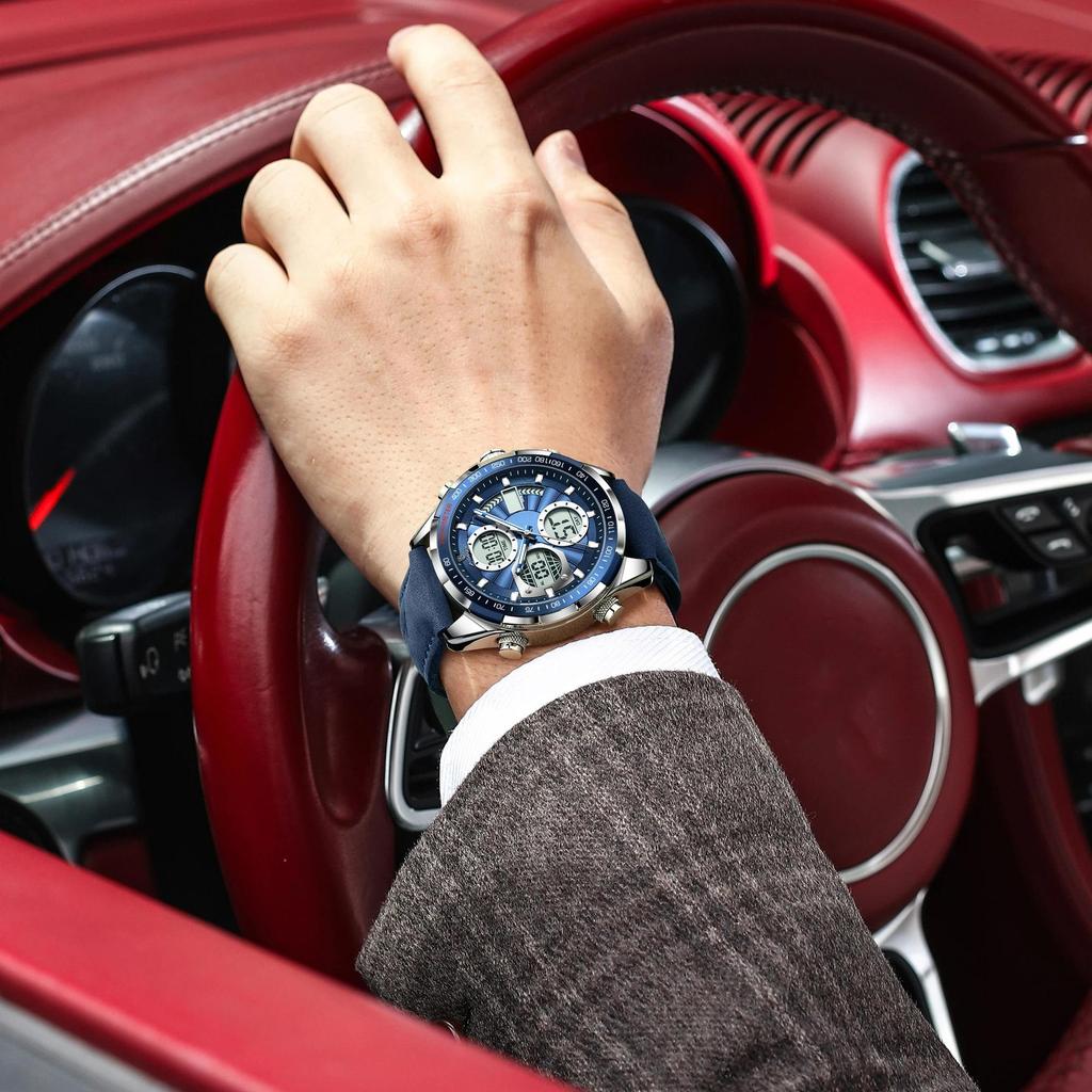 POEDAGAR Fashion Men Wristwatch Week Date Digital LED Quartz Man Clock Alarm Dual Time Display Electronic Luminous Men's Watches