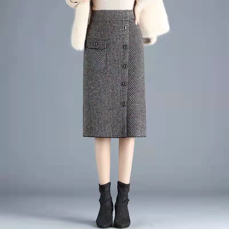 

Утепленная трикотажная юбка-карандаш в гусиную лапку для женщин с высокой талией А-силуэта миди юбка Зима Осень XXL хаки