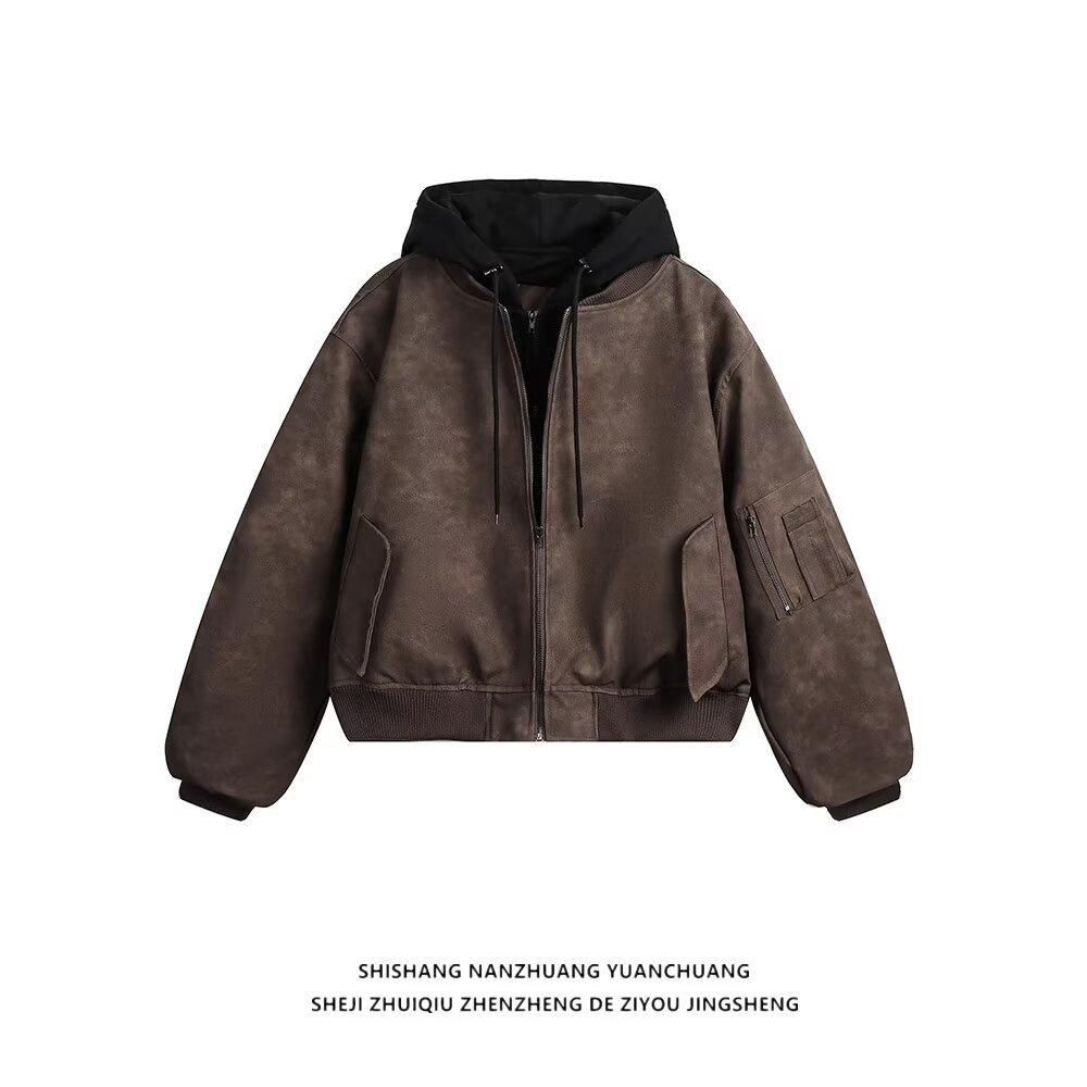 Maillard fake two-piece leather flight jacket men's American high street ruffian handsome locomotive suit hooded new coat