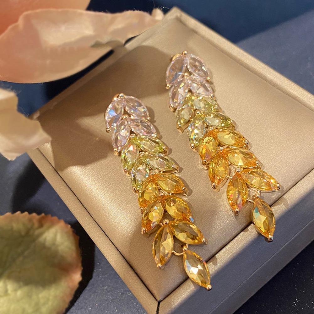 Fashionable Gradient Gold Wheat Drop Earrings Long Tassel Design Silver Plated Zircon Stud Earrings