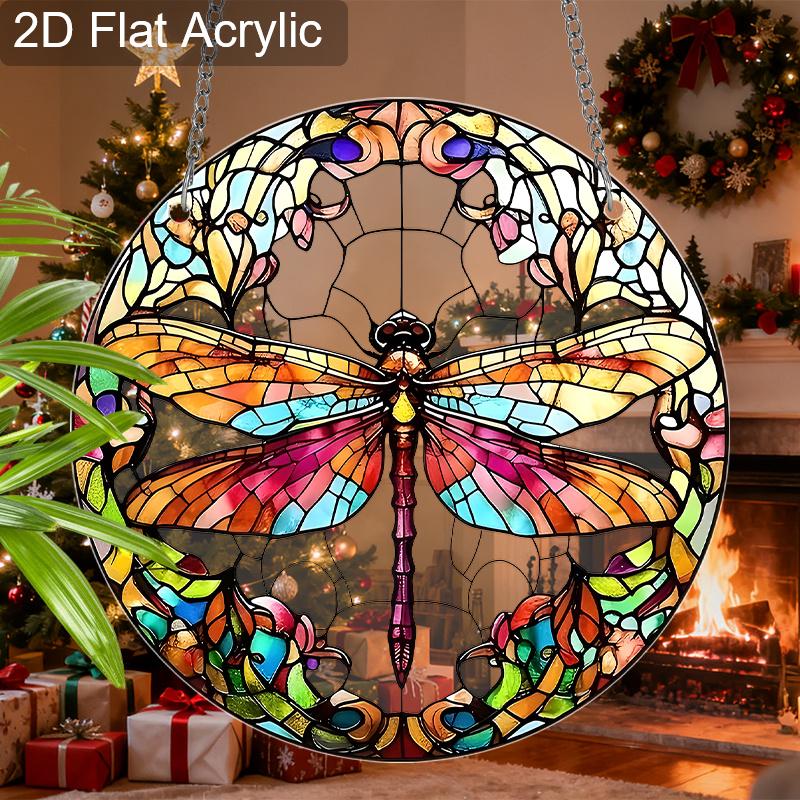Acrylic Colorful Dragonfly Floral Suncatcher, Stained Glass Effect Window Hanging Ornament for Nature Lover Gifts