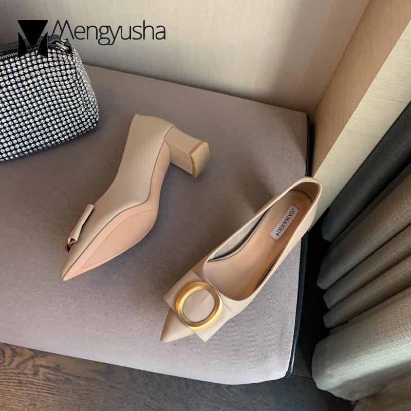 Luxury Brand Chunky High Heels Women Metalic Buckle Pumps Bowtie Shoes Ladies Wedges Slip On Mary Jeans Bridesmaid Wedding Shoes