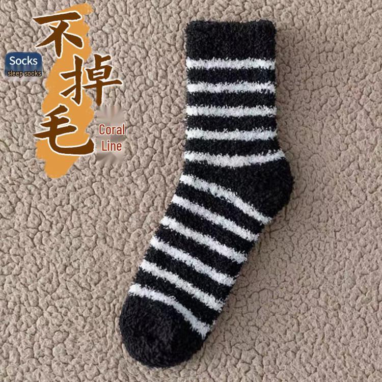 Men s Thick Coral Fleece Striped Mid-Calf Socks - Warm, Plus Velvet for Winter One Size чёрный