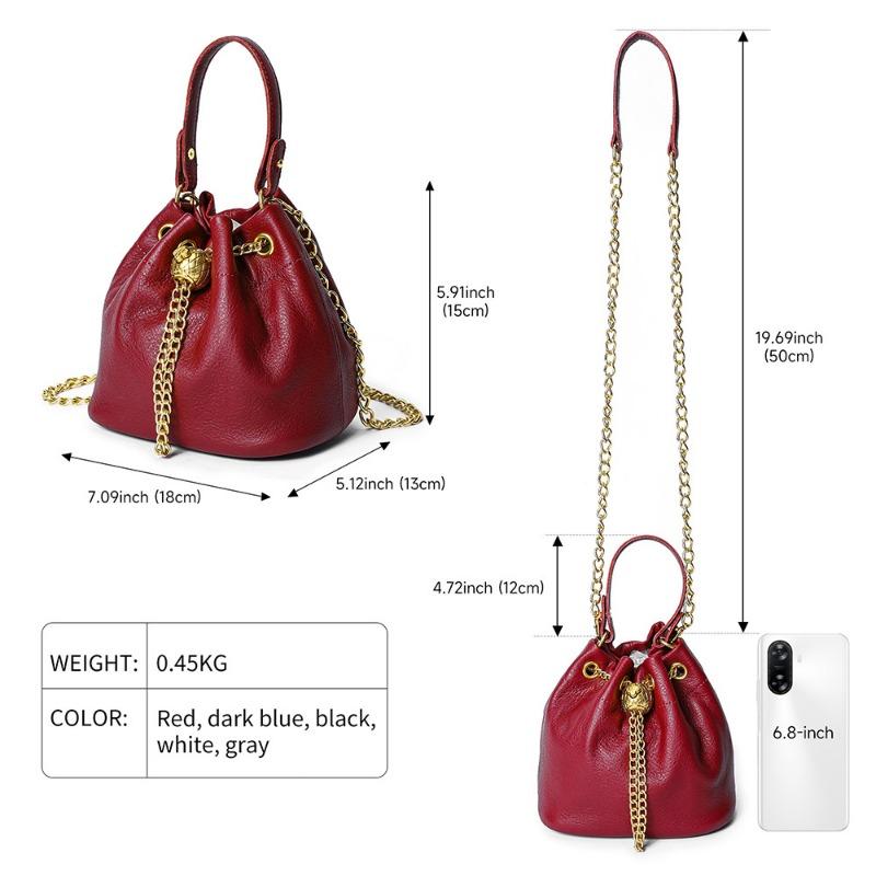 Top-grain Cowhide Ladies' Cosmetic Bag Casual Genuine Leather Bucket Bag Soft Cowhide Chain Bag