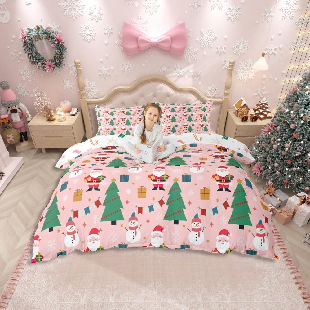 Set husă de pilotă Homewish roz girly Moș Crăciun pentru copii, set de lenjerie de pat cu desen animat cu pom de Crăciun, set de pat Kawaii cu om de zăpadă