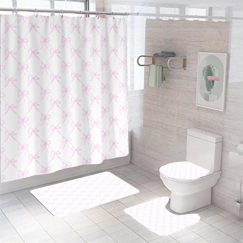 Pink Bow Girls Shower Curtain Polyester Waterproof Fashion Bathroom Floor Mat Toilet Set Bath Accessories Mildew Proof