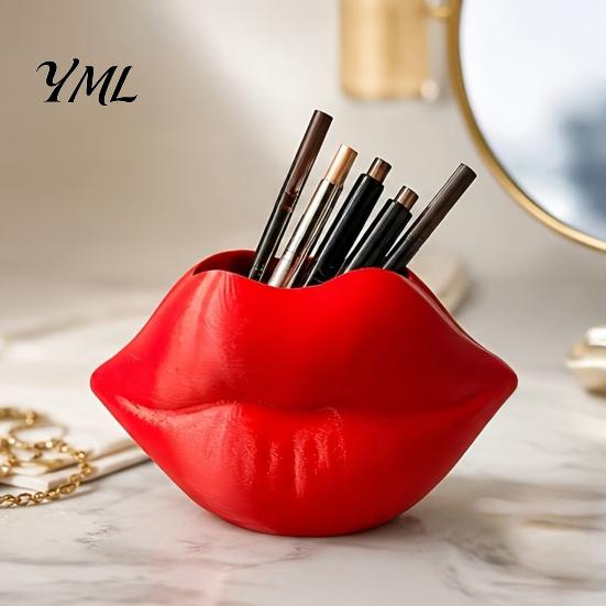 Romantic Valentine Gift for Her Lip Shaped Storage Holder, 3D Printed Red Sculpture Vase, Artistic Decor Desktop Organizer Makeup Brushes Pens,