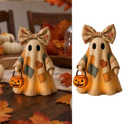 Lighted Vintage Patchwork Ghost, LED Light Ghost with Pumpkin Lantern Halloween Decor, Vintage Halloween Patchwork Ghosts Lamp, Rustic Fall Figurine