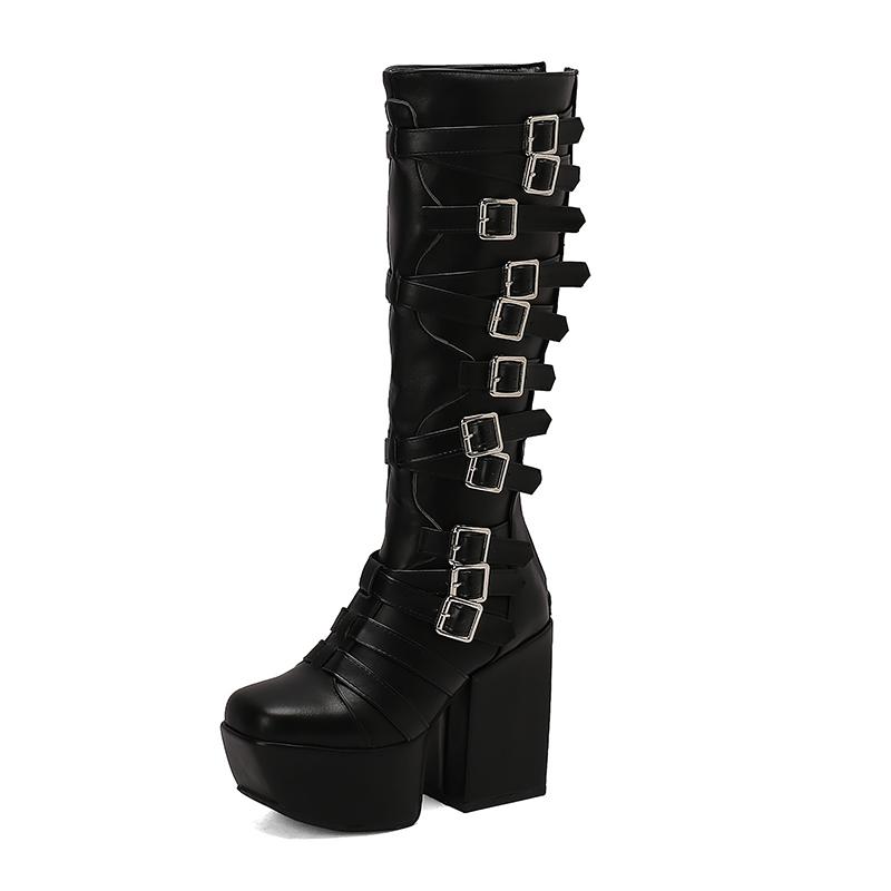 Japanese Harajuku High Platform Chunky Heels Cosplay Knee-High Boots Women's Black Leather Belt Buckle Gothic Punk Zip Long Boot