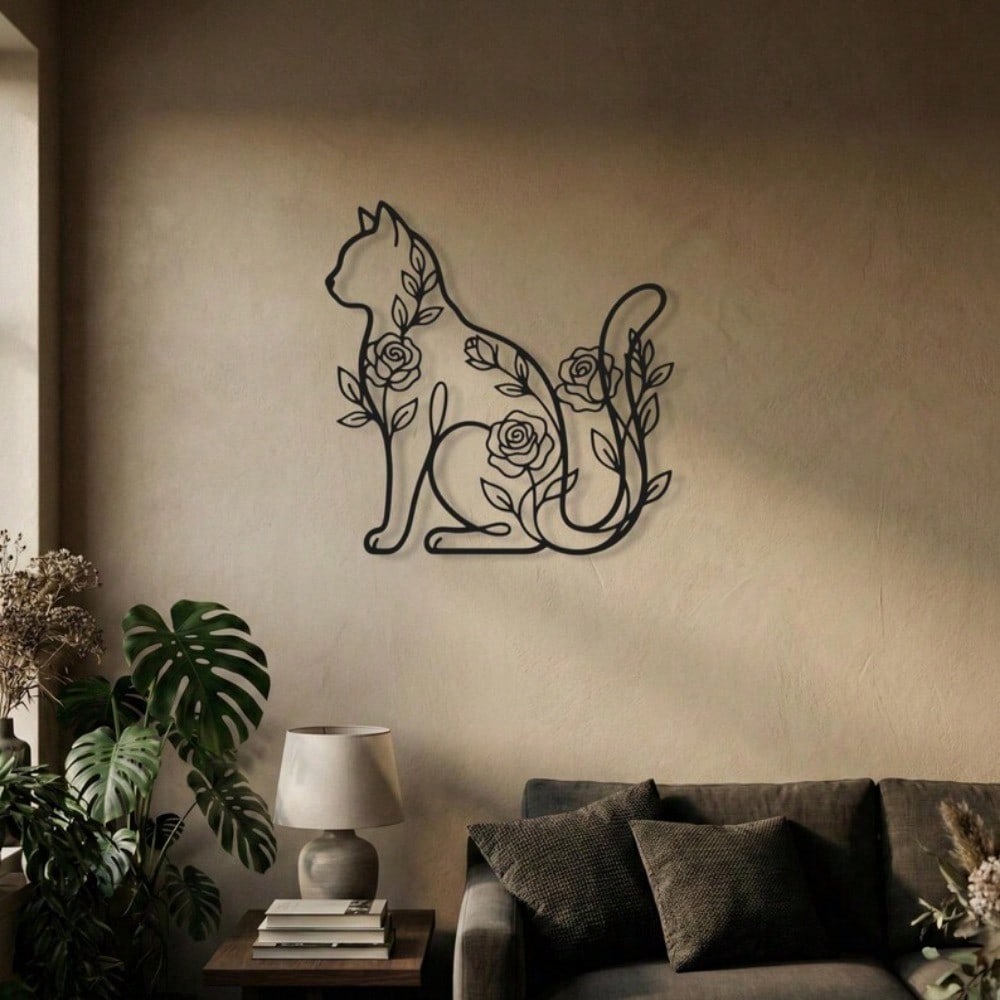 Floral Cat Metal Wall Art, Rose Silhouette Iron Sculpture, Minimalist Pet Lover Gift