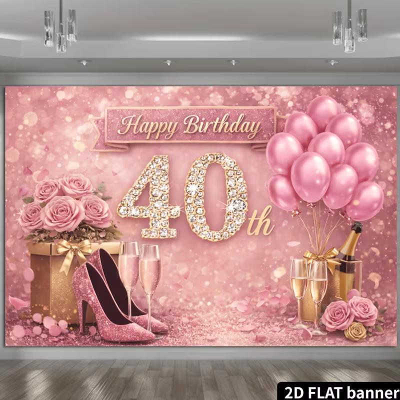 2D Happy 40th Birthday Photography Backdrop, Rose Gold Champagne & Balloon Themed Party Banner