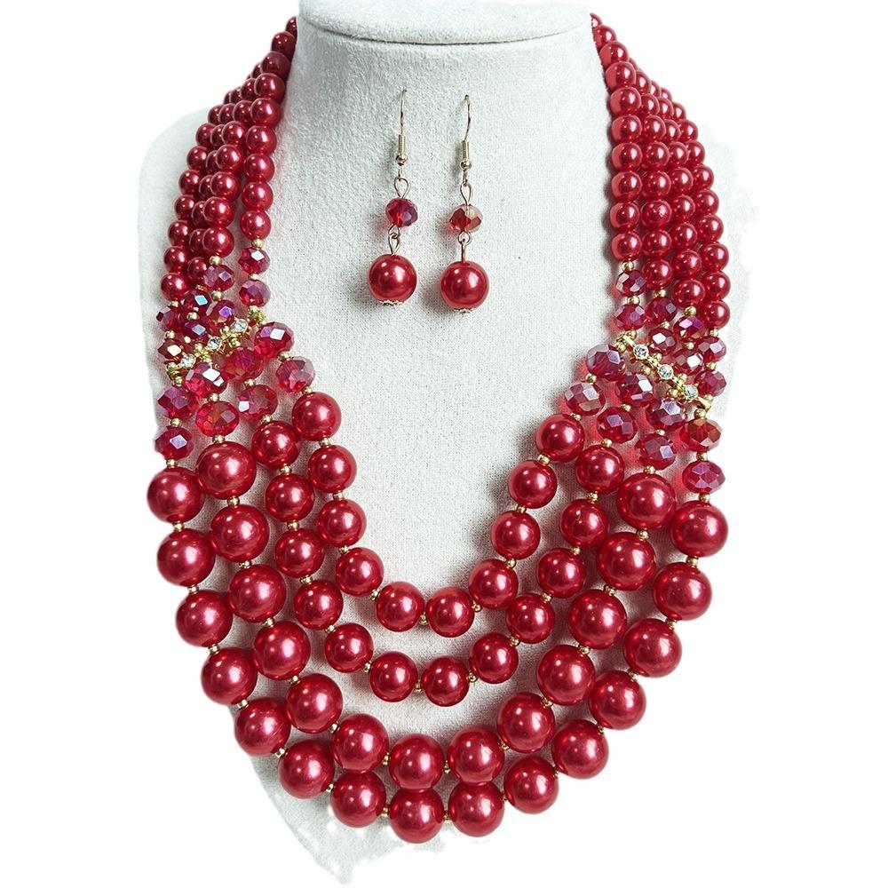 Multi-layer Handmade Imitation Pearl Crystal Beaded Necklace Earring Jewelry Set for Women Party Accessories