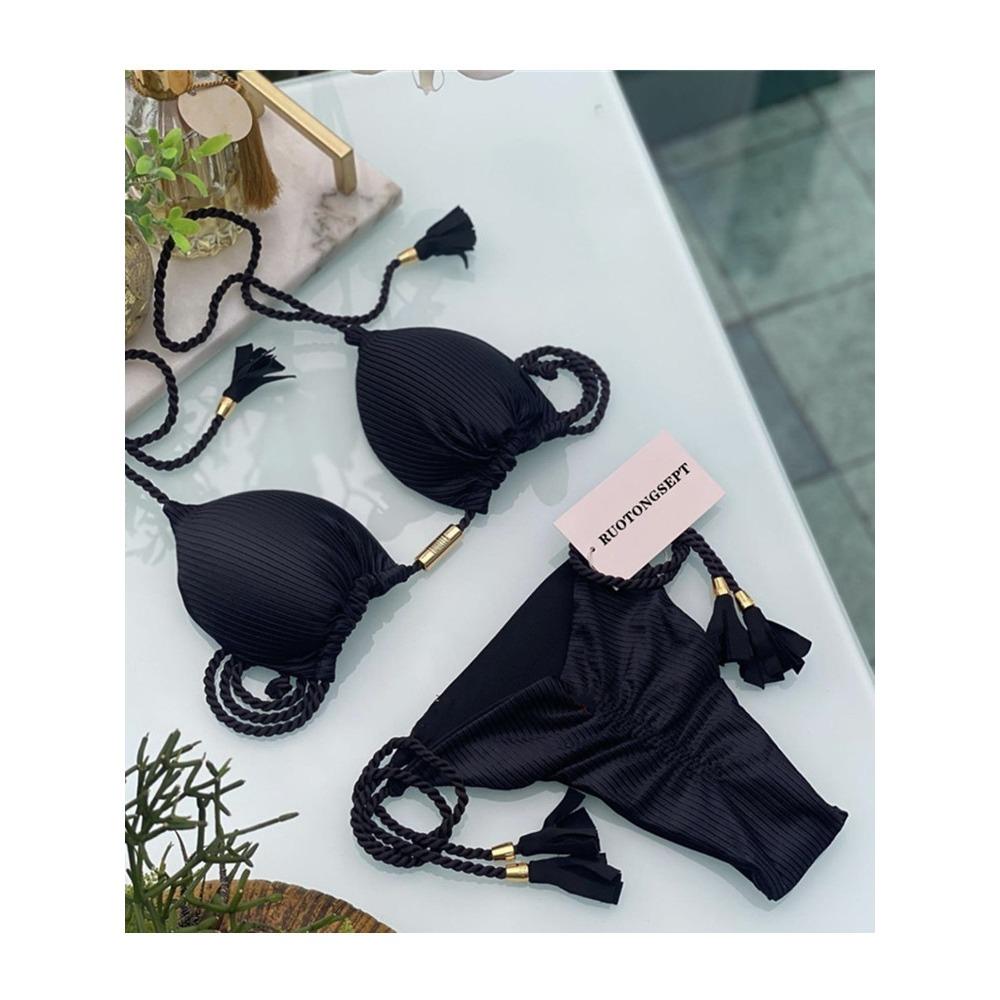 Costum de baie european și american geantă triunghiulară sexy pentru femeie Split Culoare uni Bikini sexy cu frânghie împletită multicoloră
