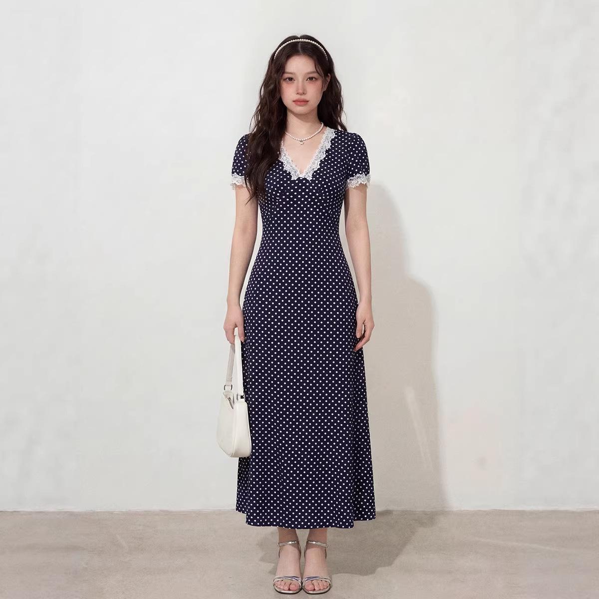 Plus Size Polka Dot V-Neck Lace Patchwork Dress 4XL