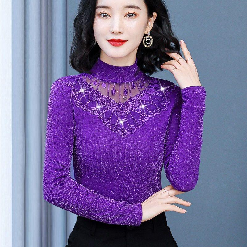 Women Bottom Lace Mesh Diamonds Blouse Autumn Winter Slender Warm Long Sleeves Shirt Elegant Vintage Solid Hollow Out Tops