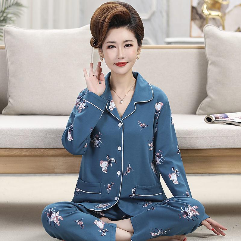 Middle-aged women's 100% pure cotton pajamas women's summer long-sleeved pajamas middle-aged and elderly mother loungewear thin suit