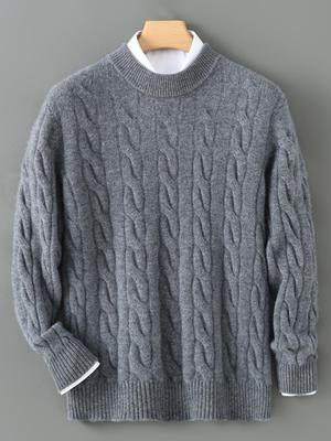 Men's 100% Wool Thick Cable Knit Half-High Neck Sweater for Autumn & Winter