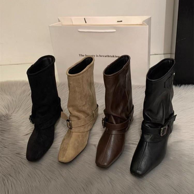 Vintage suede khaki short boots women's boots French boots autumn and winter niche design western pile boots knight boots