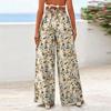 Calças Femininas Casuais de Perna Larga com Estampa Floral Fluida
