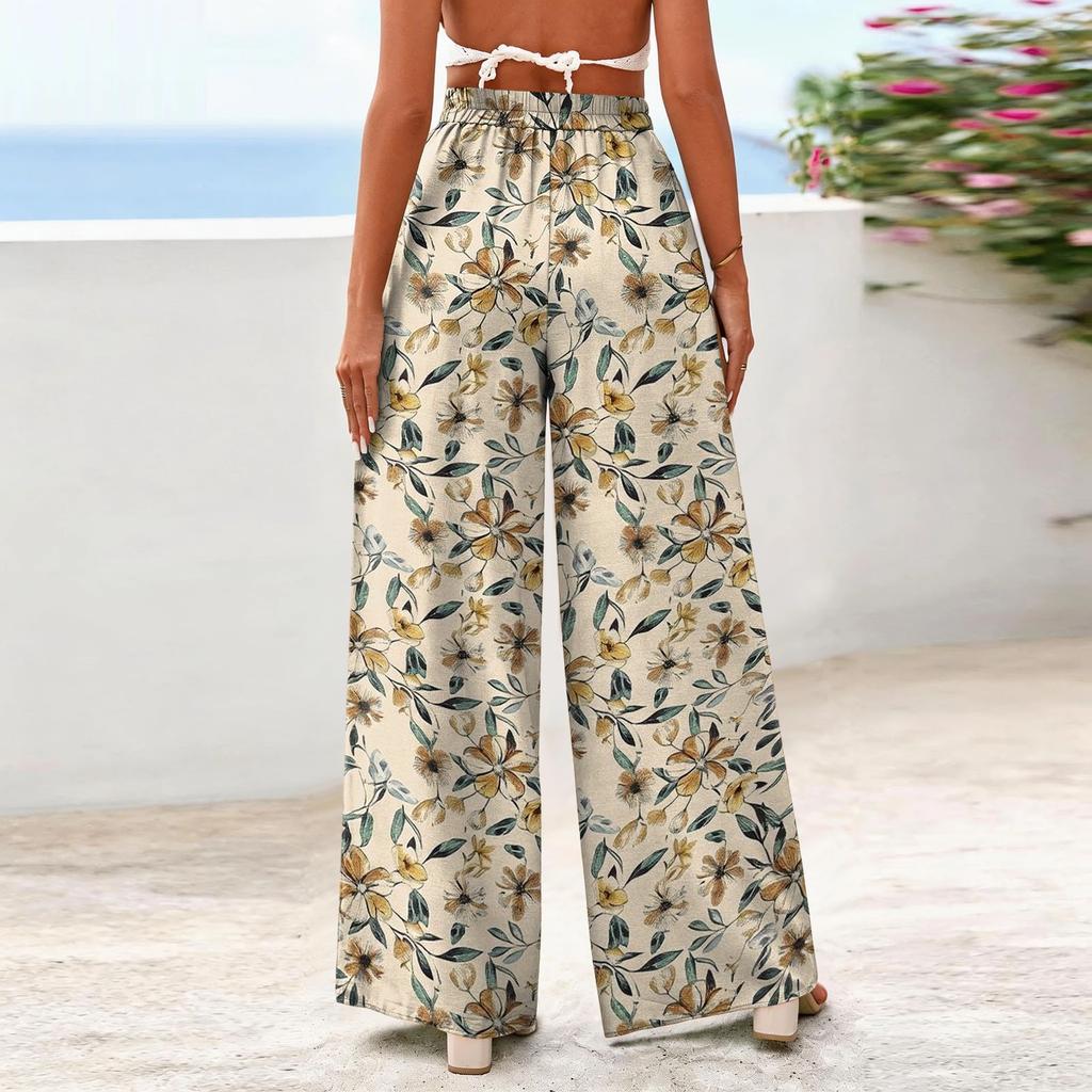Calças Femininas Casuais de Perna Larga com Estampa Floral Fluida