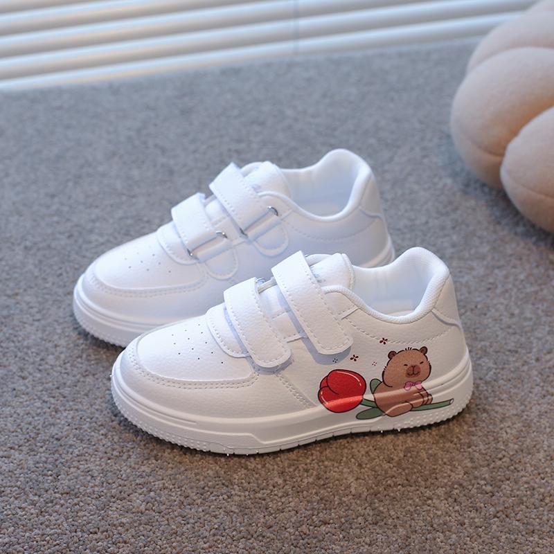 Fashion Girls White Shoes Boys Casual Sneakers with Cartoon Capybara Prints Non-slip Classic Kids Sports Skate Shoes Size 21-38