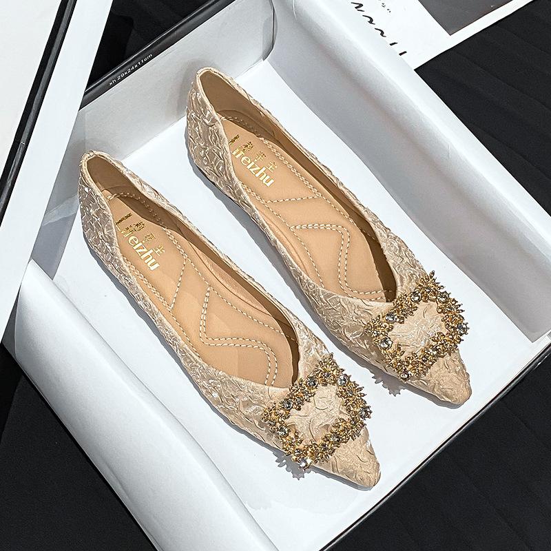 

Остроносые туфли на плоской подошве, женские новые нежные туфли, туфли-бини со стразами, женская обувь больших размеров 41 абрикосовый