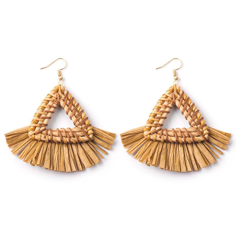 Hand-Woven Geometric Rattan Raffia Earrings, Retro Resort Fan Stud Earrings, Earrings For Women
