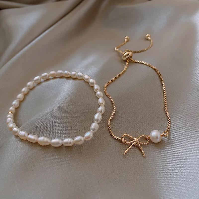 Ladies Fashion Simple Personality Freshwater Pearl Two-piece Bracelet Chain Temperament Adjustable Bracelet
