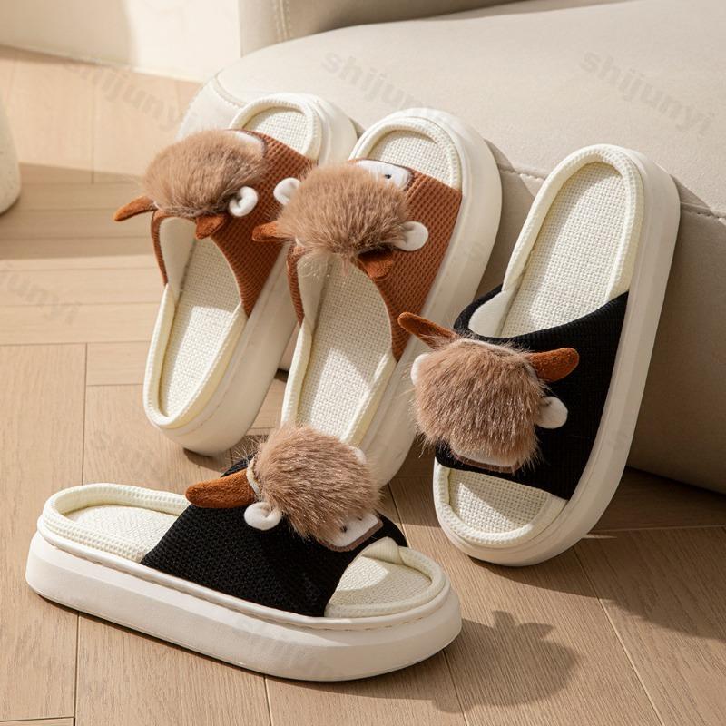 Fashion Cute Cartoon Cow Women Slippers Comfortable Platform Spring Couple Home Slippers Ladies Fashion Linen Indoor Slipper Wholesale