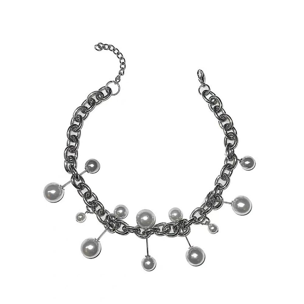 Hip-Hop Punk Fashion Round Buckle Pearl Imitation Necklace Punk Personality Retro Necklace Women's Trendy Jewelry Accessory