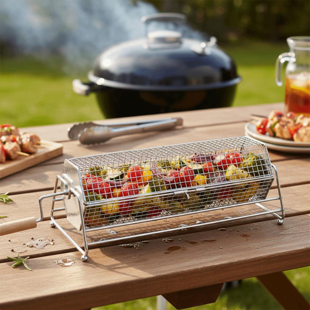 with Wood Handle Rolling BBQ Grill Mesh Basket Stainless Steel Grill Rotisserie Basket Picnic