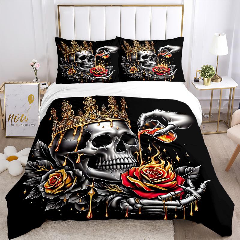 3pcs Golden Crowned Skull with Roses Quilt Cover Set - Soft and Cozy Bedroom, Guest Room and Dorm Decorative Bedding