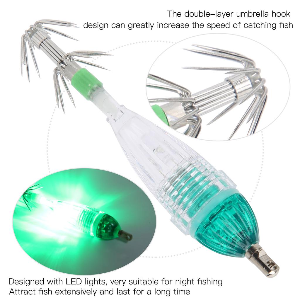 Fishing LED Lure Light Squid Shape Green Light Color Bait Underwater Lamp with Hook