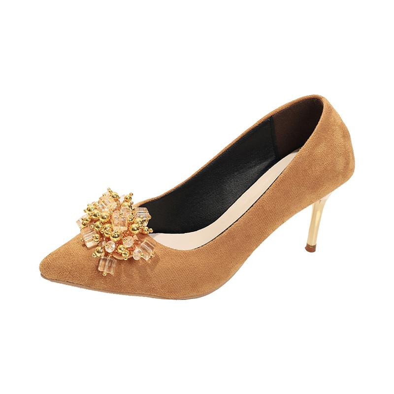 Fashion Women's Fashion Slim Heel Shoes Spring New Pointed Head Shallow Mouth Suede Crystal Anti-slip Wear-resistant High Heels