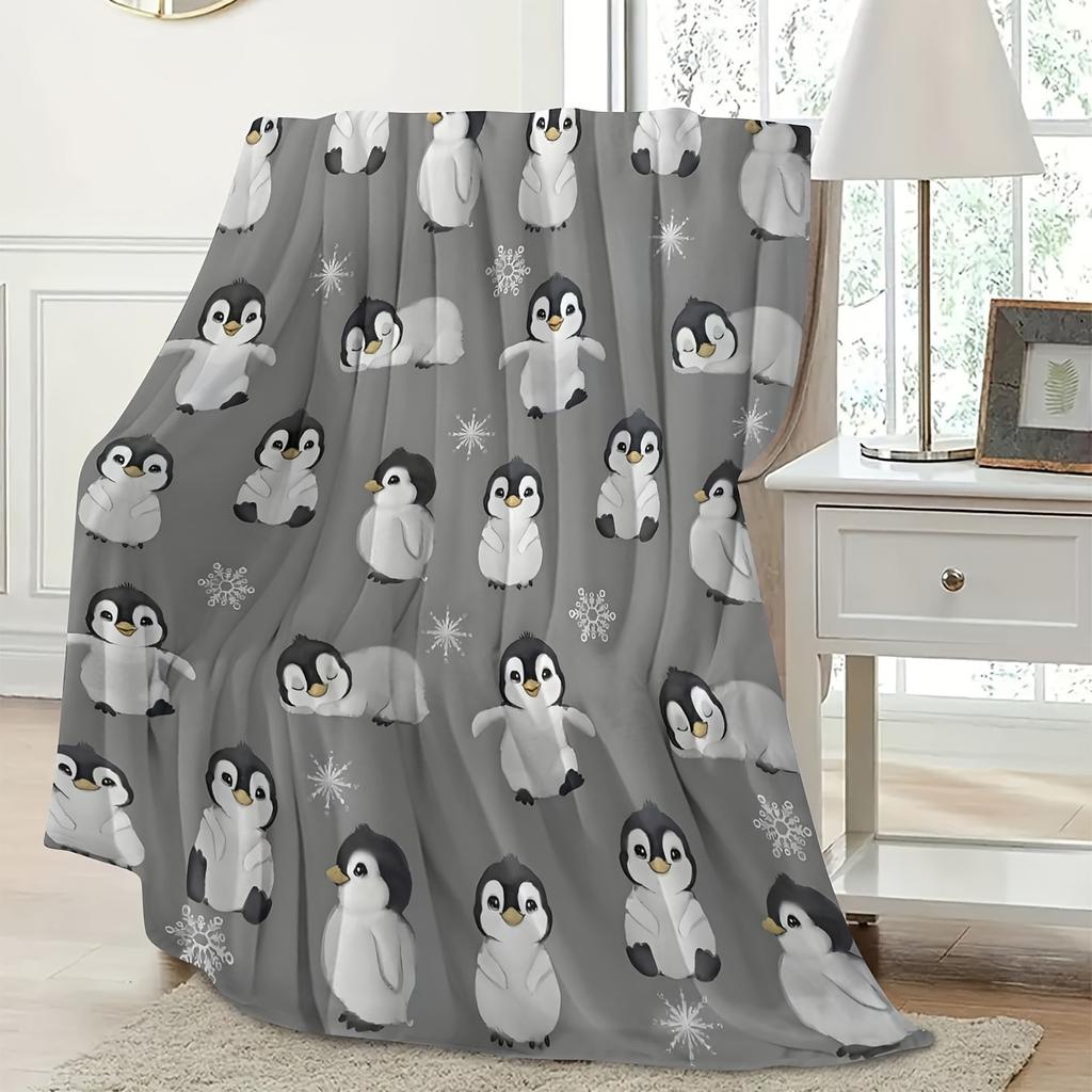 1pc Penguin print flannel blanket gray fun abstract pattern for children and adults universal blanket bed sofa multifunctional