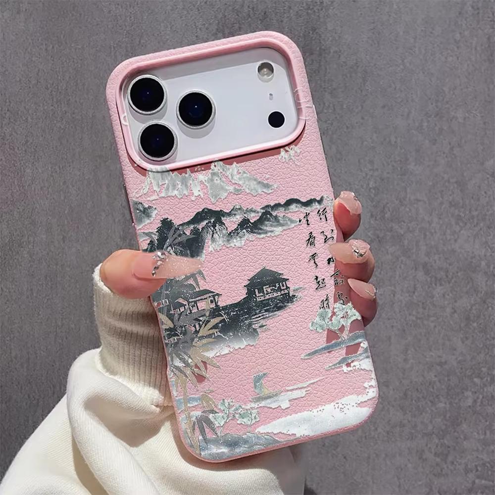 Chinese Style Poetry Pattern Phone Case For iPhone 17 16 15 14 13 12 11 Pro Max Plus 17 Air XS Max X XR Lychee Texture Cover