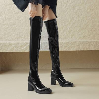 PU Winter Square Toe Thick High Heels Equestrian Boots Women Zipper Young Lady Stretch Over-the-knee Boots