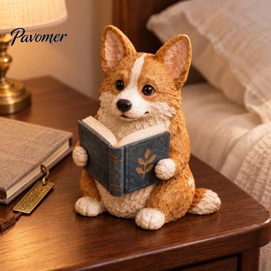 Reading Dog Decor Figurine, Cute Book Loving Puppy Sculpture for Bookshelf Nook Desk, Gift and Lovers Statue