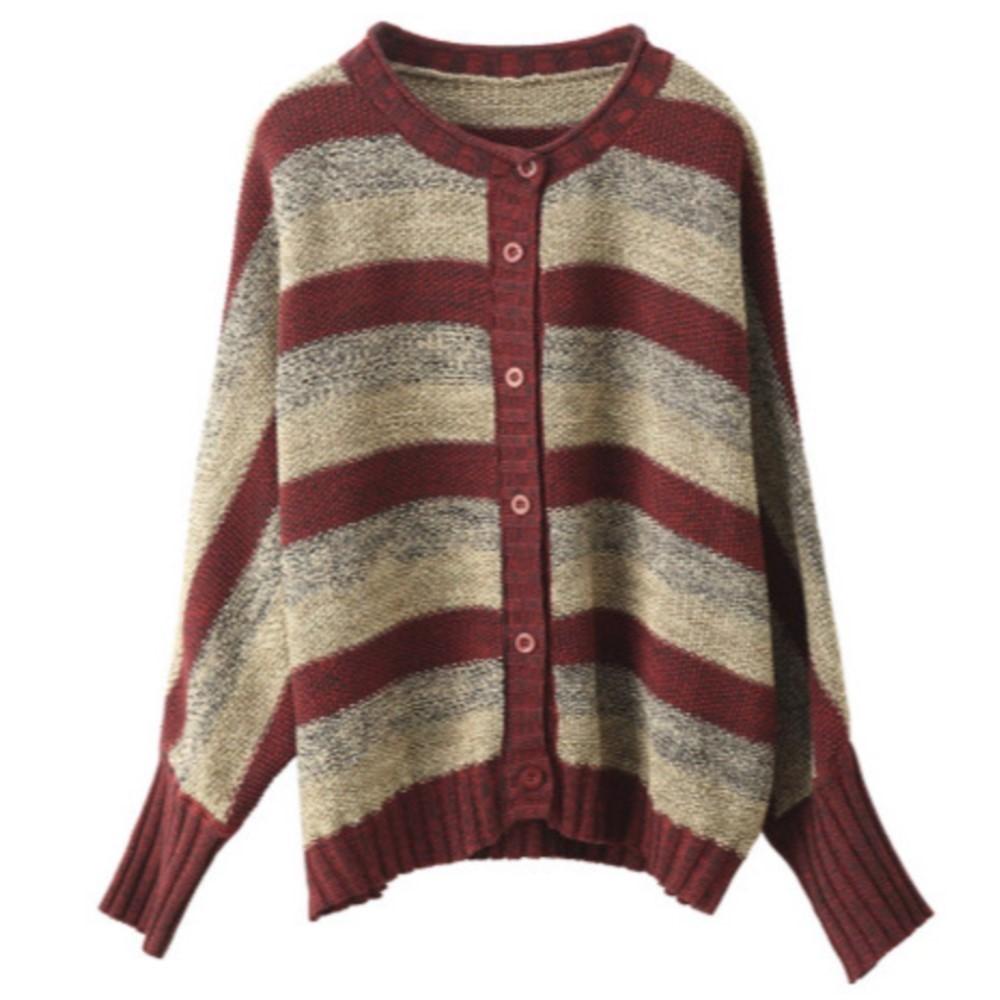 Johnature Women Vintage Striped Sweaters O-Neck Long Sleeve Button Autumn Knitted Casual Female Soft Sweaters