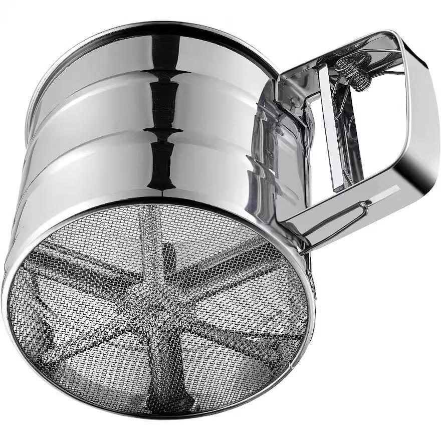 Stainless Steel Double Layer Fine Mesh Flour Sieve with Single Hand Press Small Flat 410+201 Mesh
